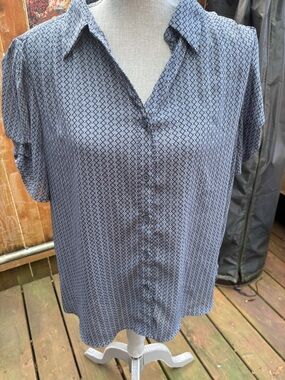 Adrianna Papell Desk to Dinner Geometric Diamond Puff Sleeve Blouse Blue XL
